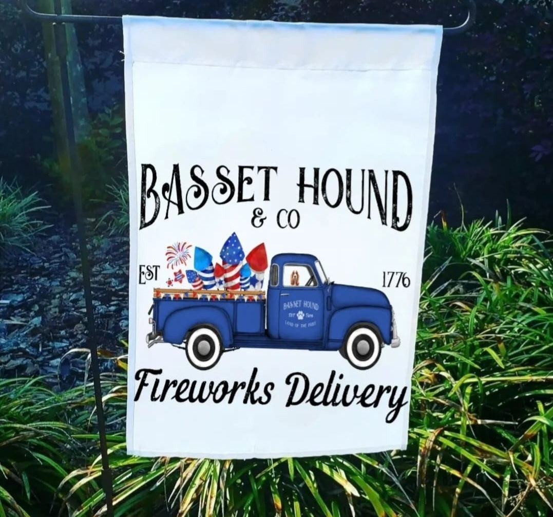 Basset Hound Fireworks Delivery Patriotic Garden Flag