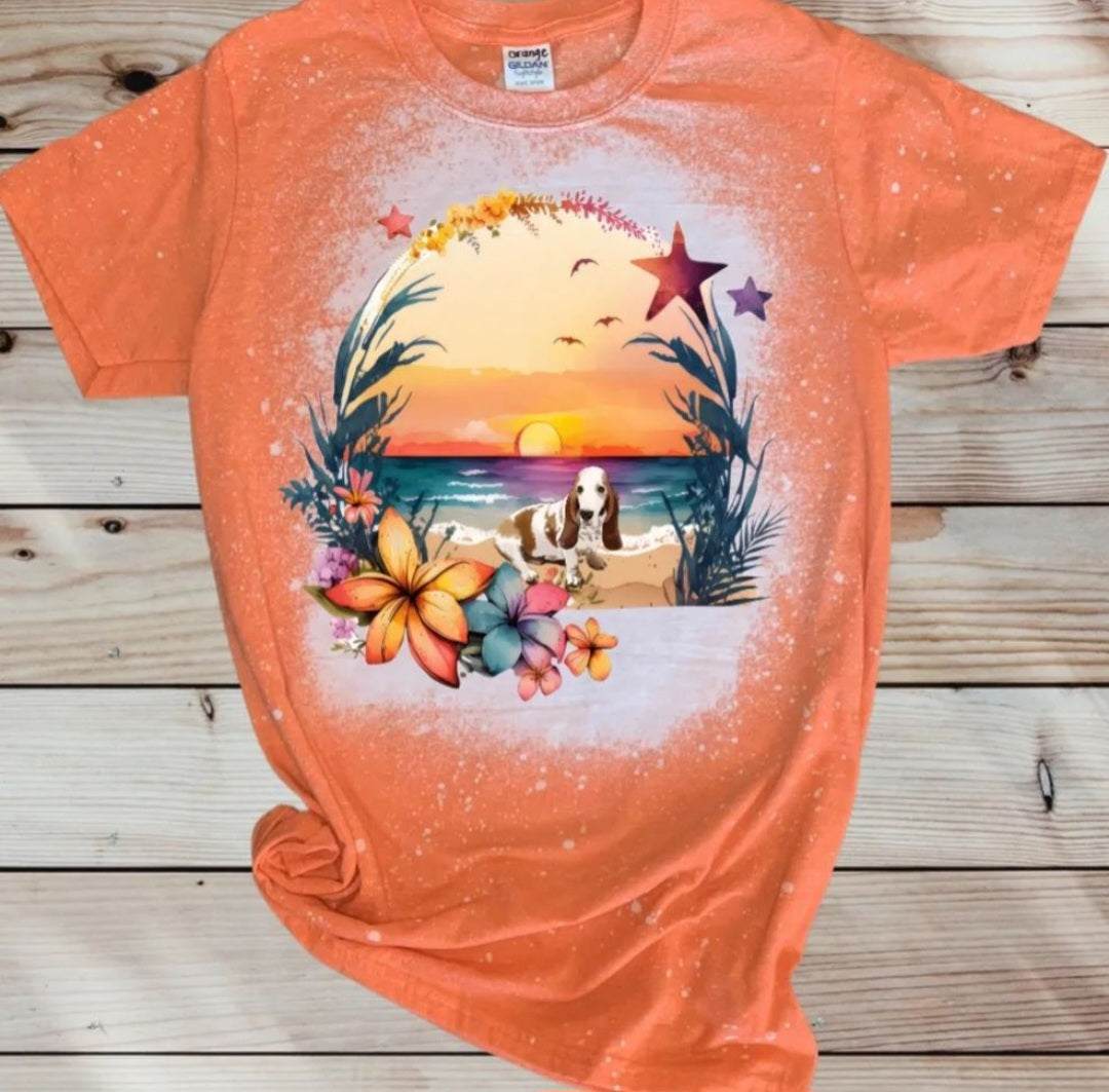 Basset Hound Beach Sunset T Shirt Orange