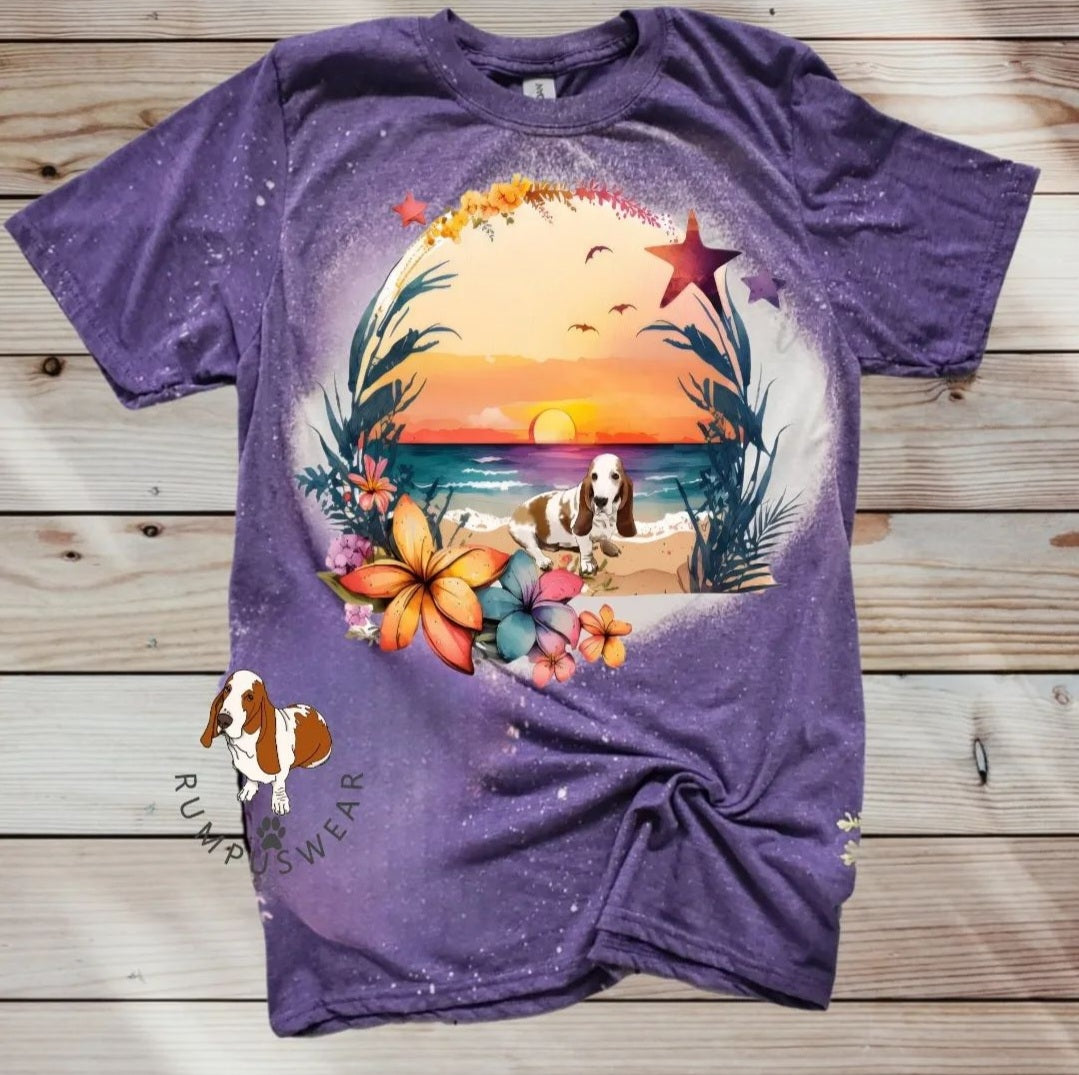 Basset Hound Beach Sunset T Shirt Purple