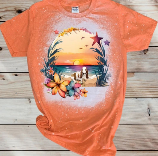 Basset Hound Beach Sunset T Shirt Orange